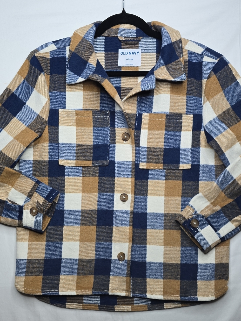 Old Navy Plaid Button-Front Shirt Jacket Shacket Navy, Tan & Cream Boho Cottage